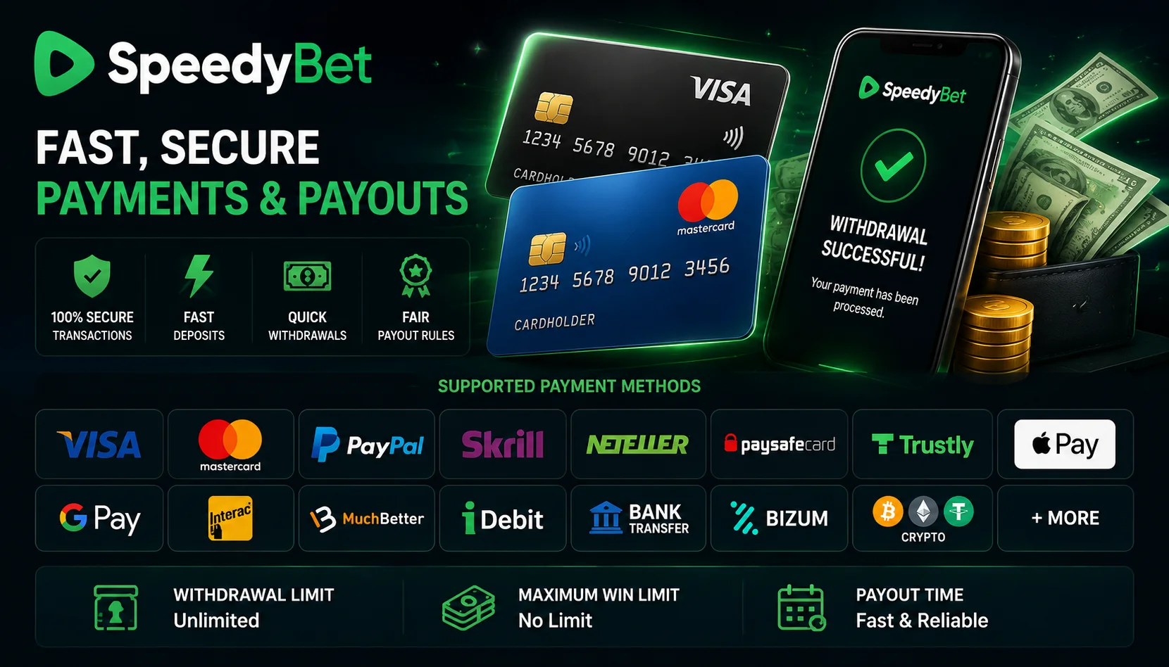 Speedybet Payment Methods, Withdrawal Limits & Payout Rules